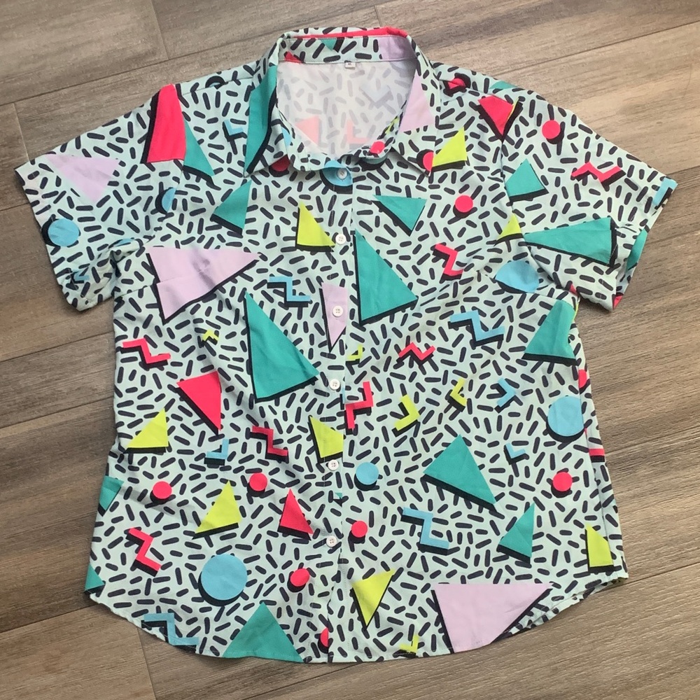 Men’s Geometric Print Short Sleeve Shirt - Mint with Bright Accents (80’s Retro)